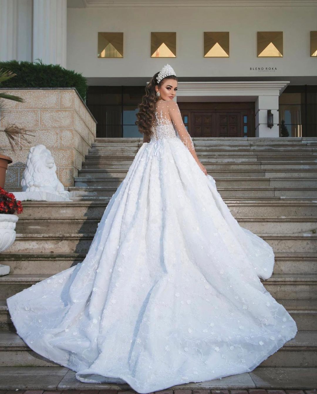 Long Ball Gown Jewel Neck Sweetheart Wedding Dress with Long Sleeves and Beading BM bride