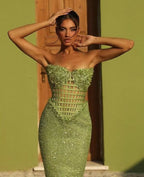 Green Off-the-Shoulder Long Mermaid Prom Dress with Beadings BM bride