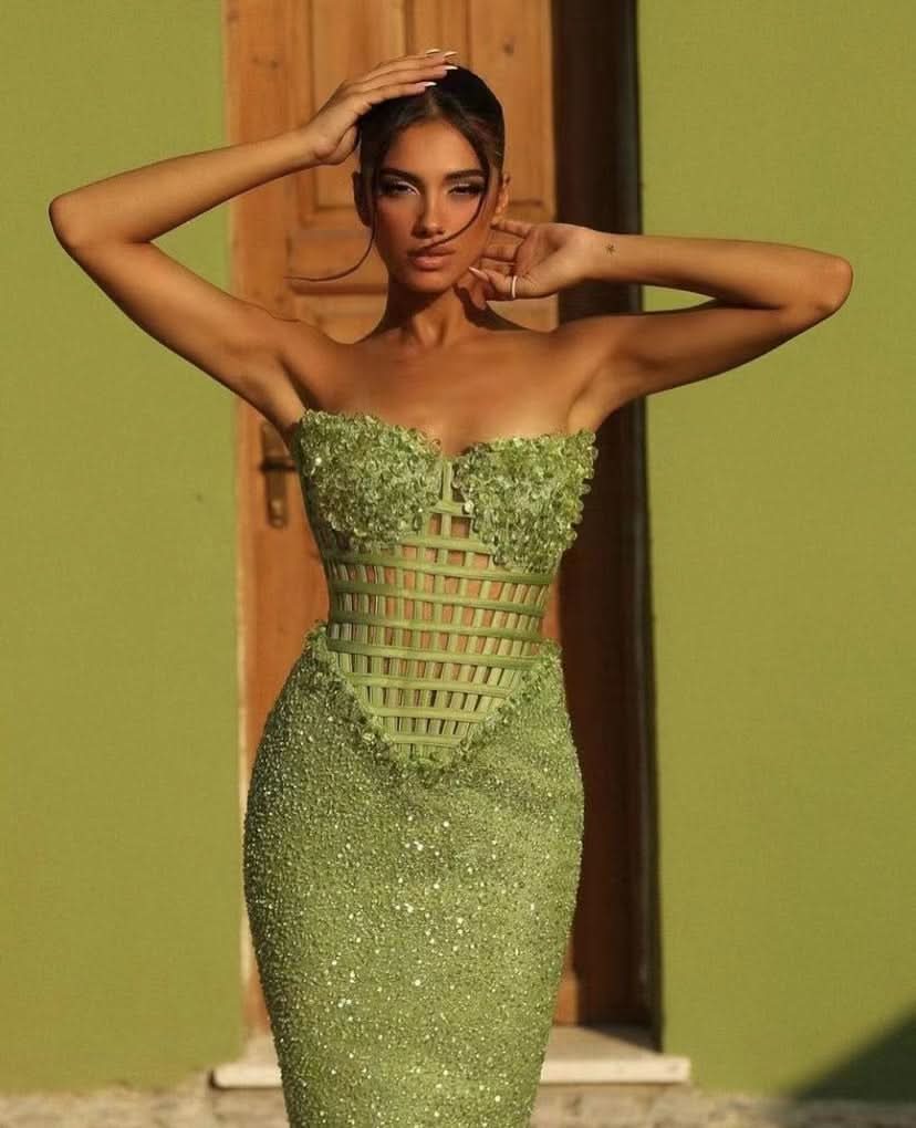 Green Off-the-Shoulder Long Mermaid Prom Dress with Beadings BM bride