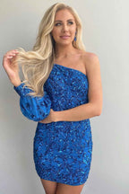 Hot Pink Beaded Sequins One Shoulder Tight Homecoming Dress Bmbride