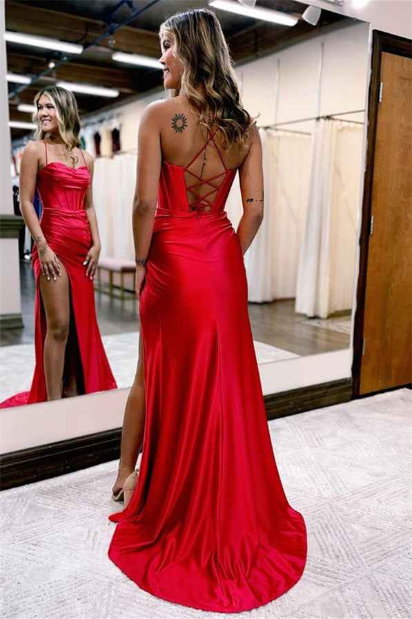 Charming Red Spaghetti Strap Sleeveless Mermaid Pleated Long Prom Dress with Split