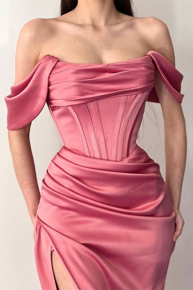 Dusty Rose Off-The-Shoulder Mermaid Prom Dress with Pleats and Split BM bride