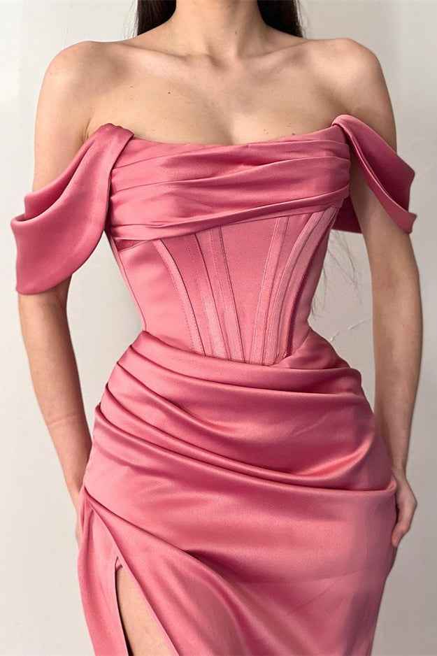 Off the Shoulder Strapless Dusty Rose Pleated Prom Dress Mermaid With Split