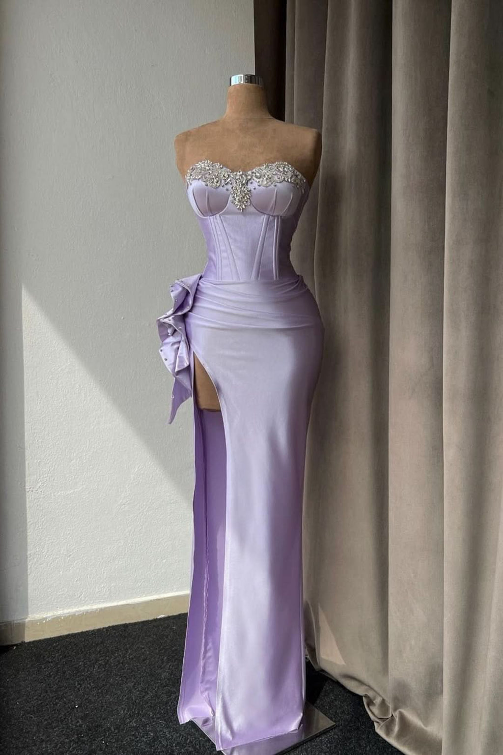 Light Purple Sleeveless Prom Dress with Rhinestone High Slit Gown BM bride