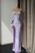 Light Purple Sleeveless Prom Dress with Rhinestone High Slit Gown BM bride
