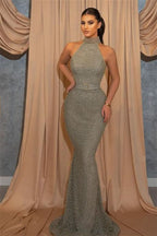 Online Sequined Sleeveless Halter Mermaid Evening Dress with Belt BM bride