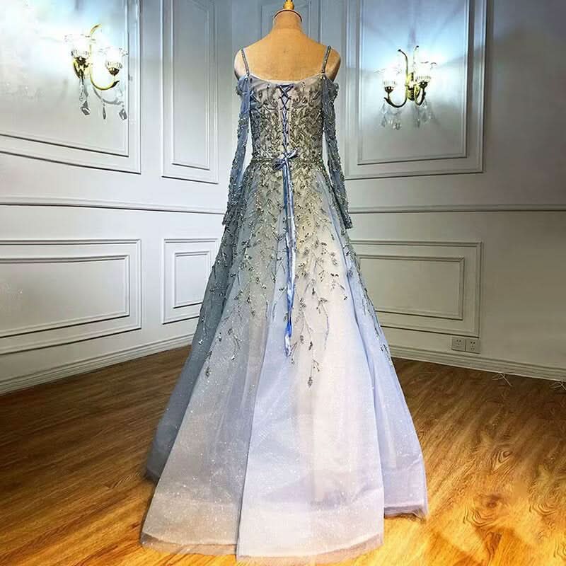 Elegant Sequin Appliques Prom Dress with Long Sleeve V-Neck A-Line Style BM bride