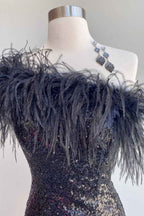 Blue Tight Sequins Homecoming Dress with Feathers Bmbride