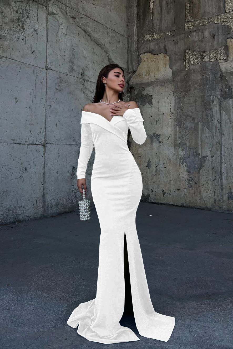Off the Shoulder Long Sleeves Split Long Prom Dress With Pleated BMBRIDE