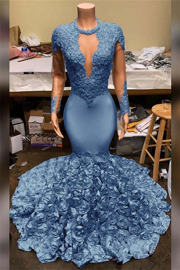 Elegant Mermaid V Neck Prom Dress Appliques Long Sleeves With Flowers Bottom BMBRIDE
