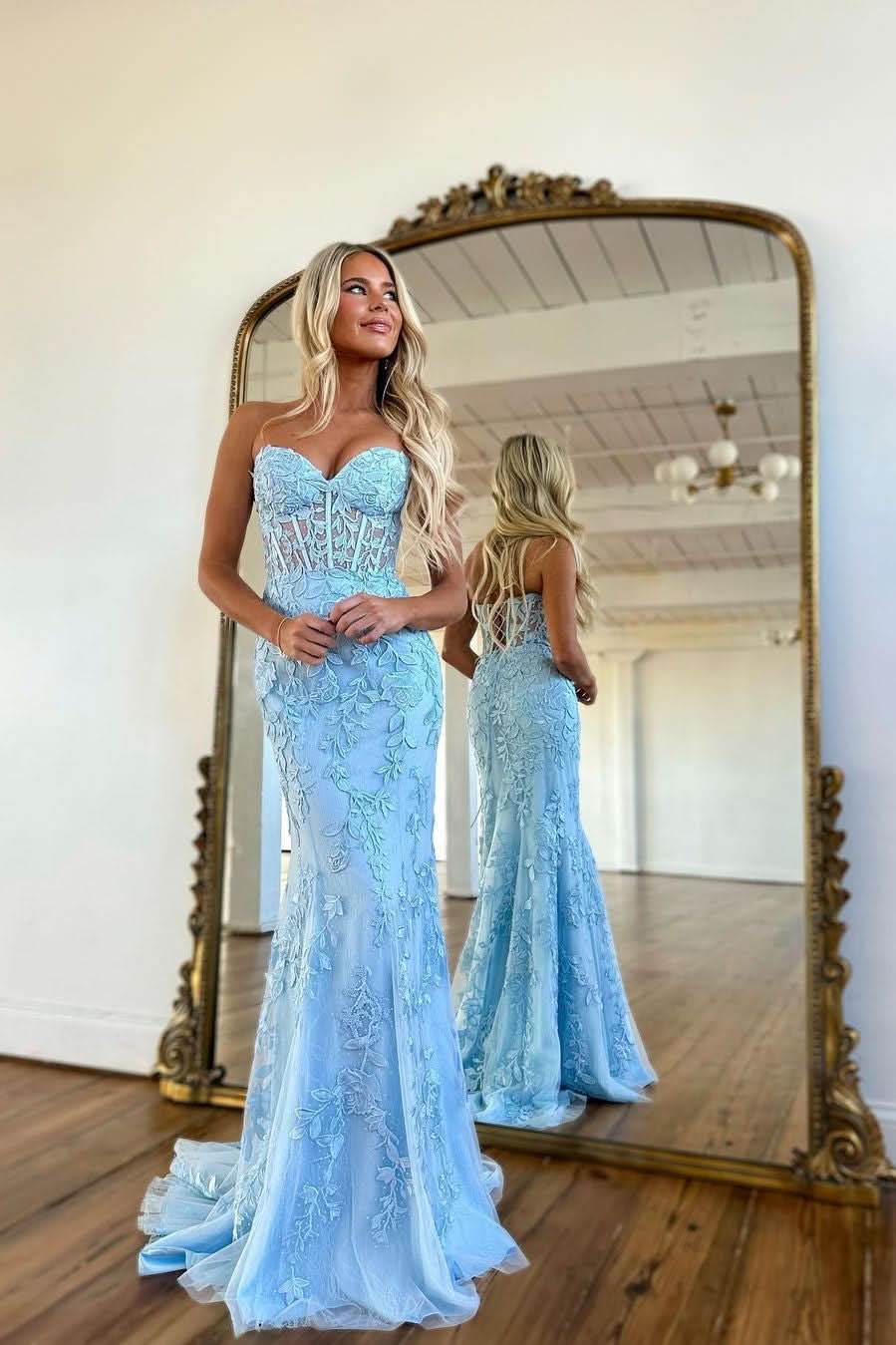 Baby Blue Prom Dress Ball Gown with Mermaid Appliques BM bride