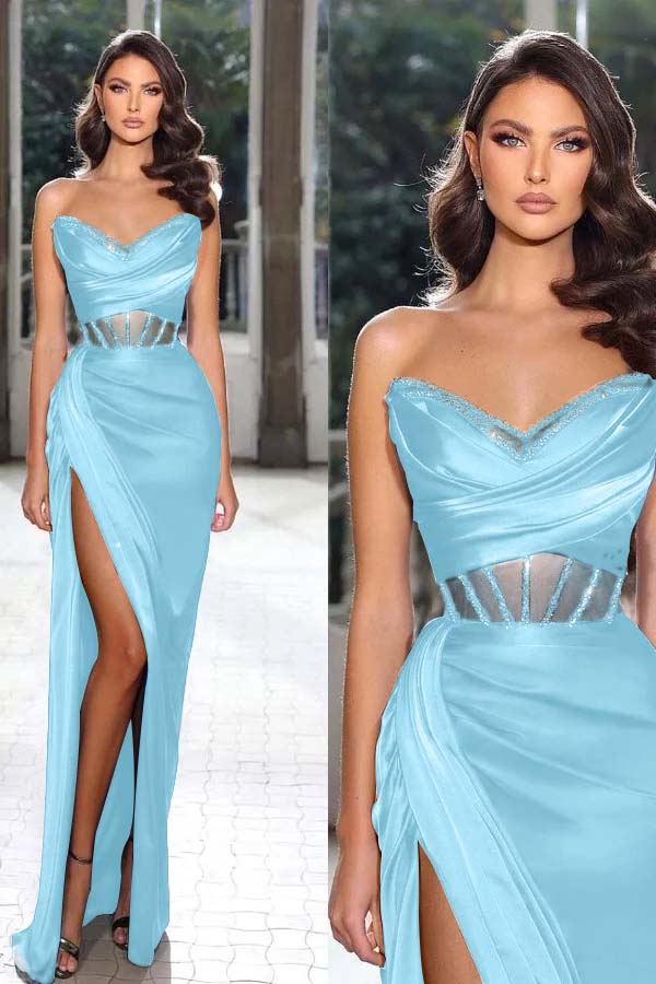 Strapless Sleeveless Long Mermaid Prom Dress With Split Pleated BMBRIDE