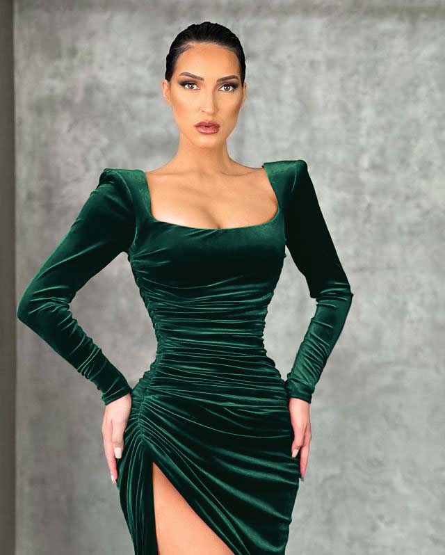 Mermaid Burgundy Long Sleeves Square Neck Prom Dress With High Split BMBRIDE