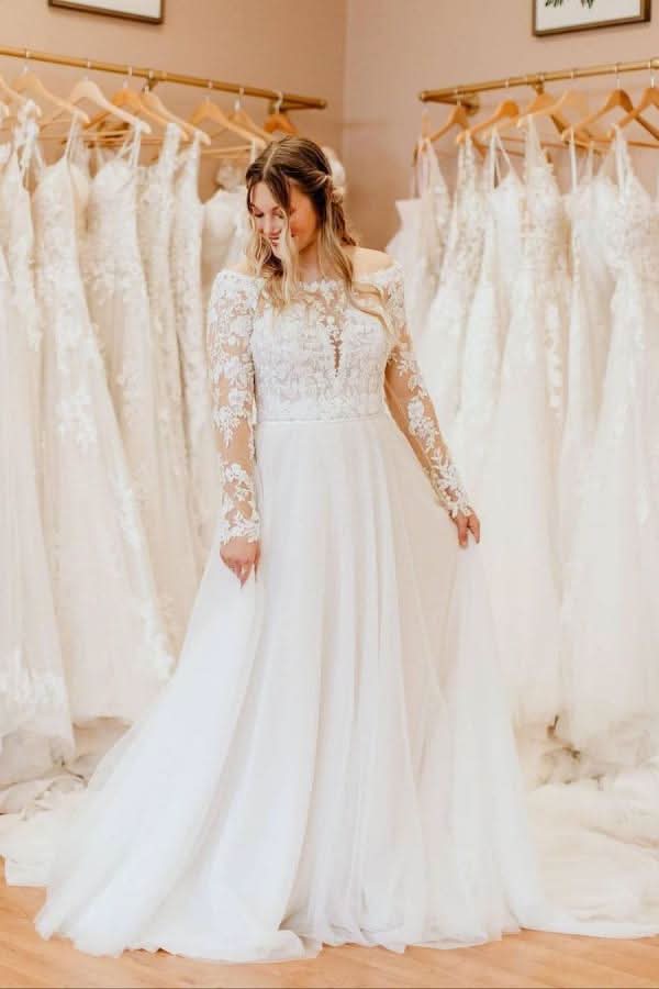 Simple Off-the-Shoulder Long Sleeves A-line Wedding Dress With Tulle Lace BM bride