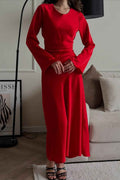 Chic Red Jewel Long Sleeves Belt Long Prom Dress With Pleated