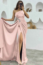 Black Sleeveless One Shoulder Long Split Pleated Prom Dress With Rhinestone