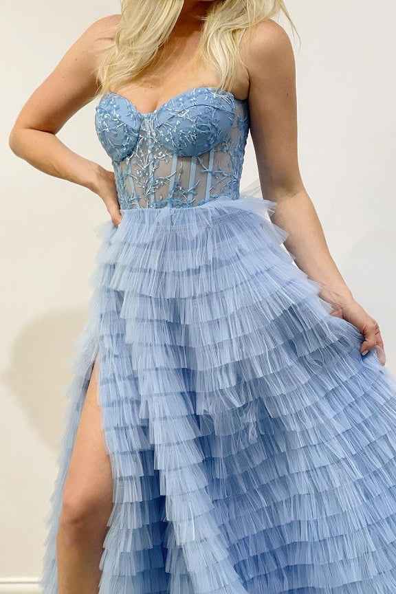 Sweetheart Sleeveless Sky Blue Front Split Mermaid Prom Dress With Lace Appliques