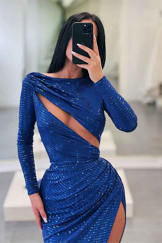 Charming Royal Blue Long Sleeves Sequins Mermaid Prom Dress With High Split