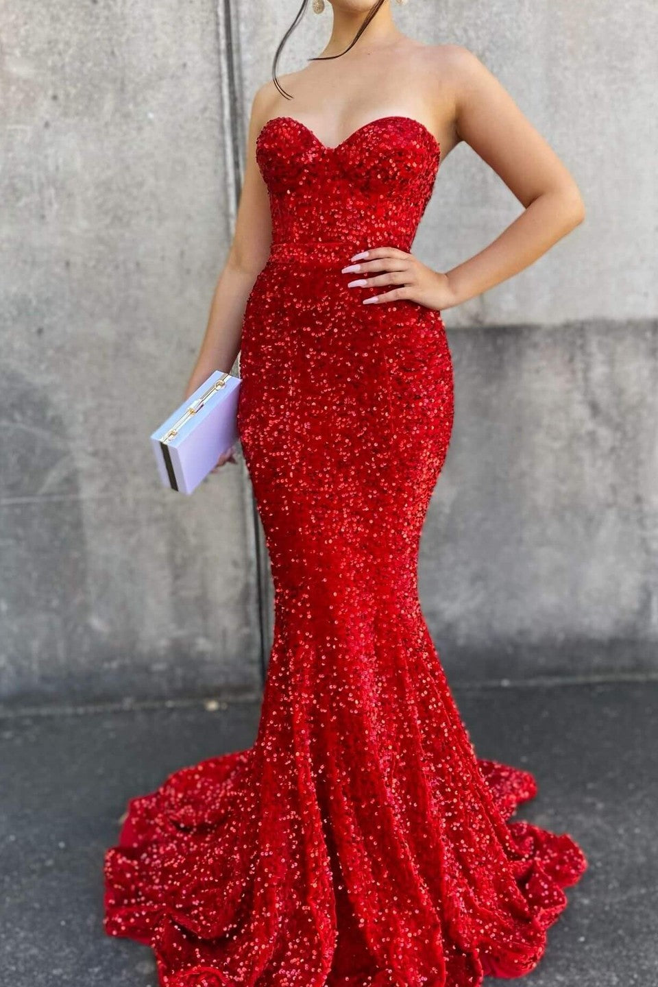 Red Sweetheart Long Mermaid Prom Dress with Sequins BM bride