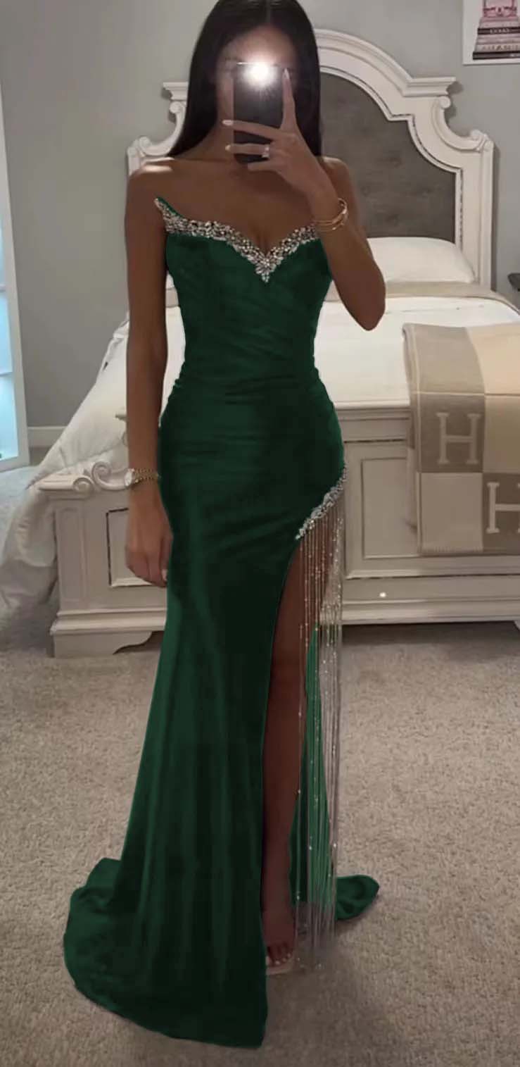 Strapless Sleeveless Long Mermaid Prom Dress With Split Tassel Beading BMBRIDE
