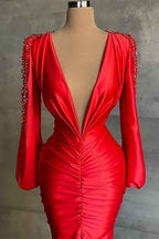 Deep V Neck Long Sleeves Red Beadings Mermaid Prom Dress With Front Split