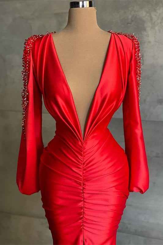 Deep V Neck Long Sleeves Red Beadings Mermaid Prom Dress With Front Split