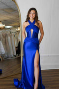 Halter Sleeveless Long Mermaid Prom Dress With High Split Ruffles
