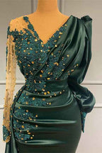 V Neck Long Sleeves Evening Dress Beadings Dark Green Prom With Lace Appliques
