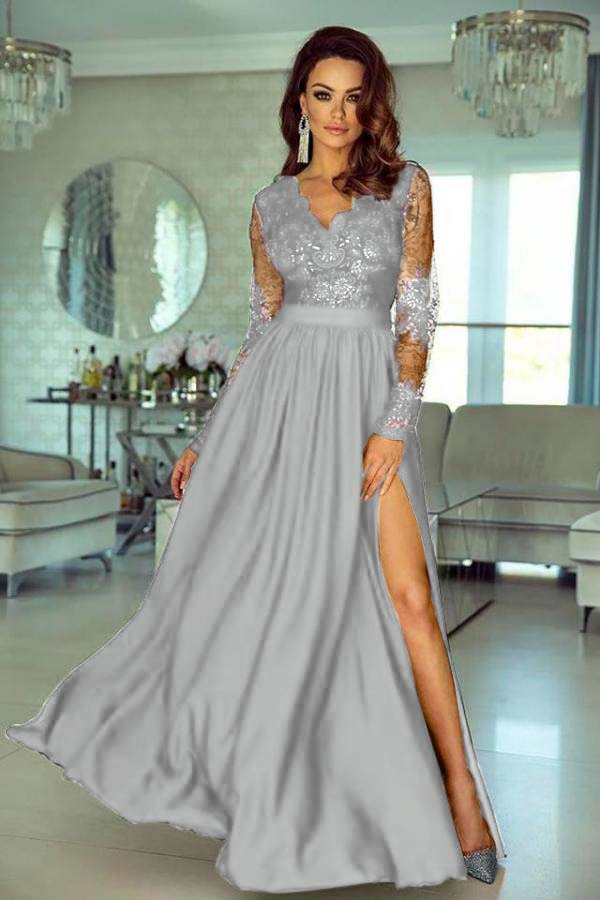 Charming V Neck Long Sleeves Lace A Line Long Prom Dress With Side Split BMBRIDE
