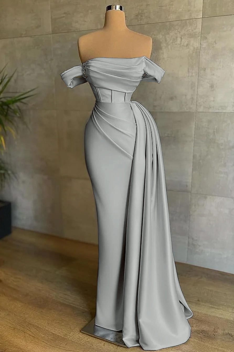 Stunning White Strapless Mermaid Pleated Long Prom Dress Off the Shoulder BMBRIDE