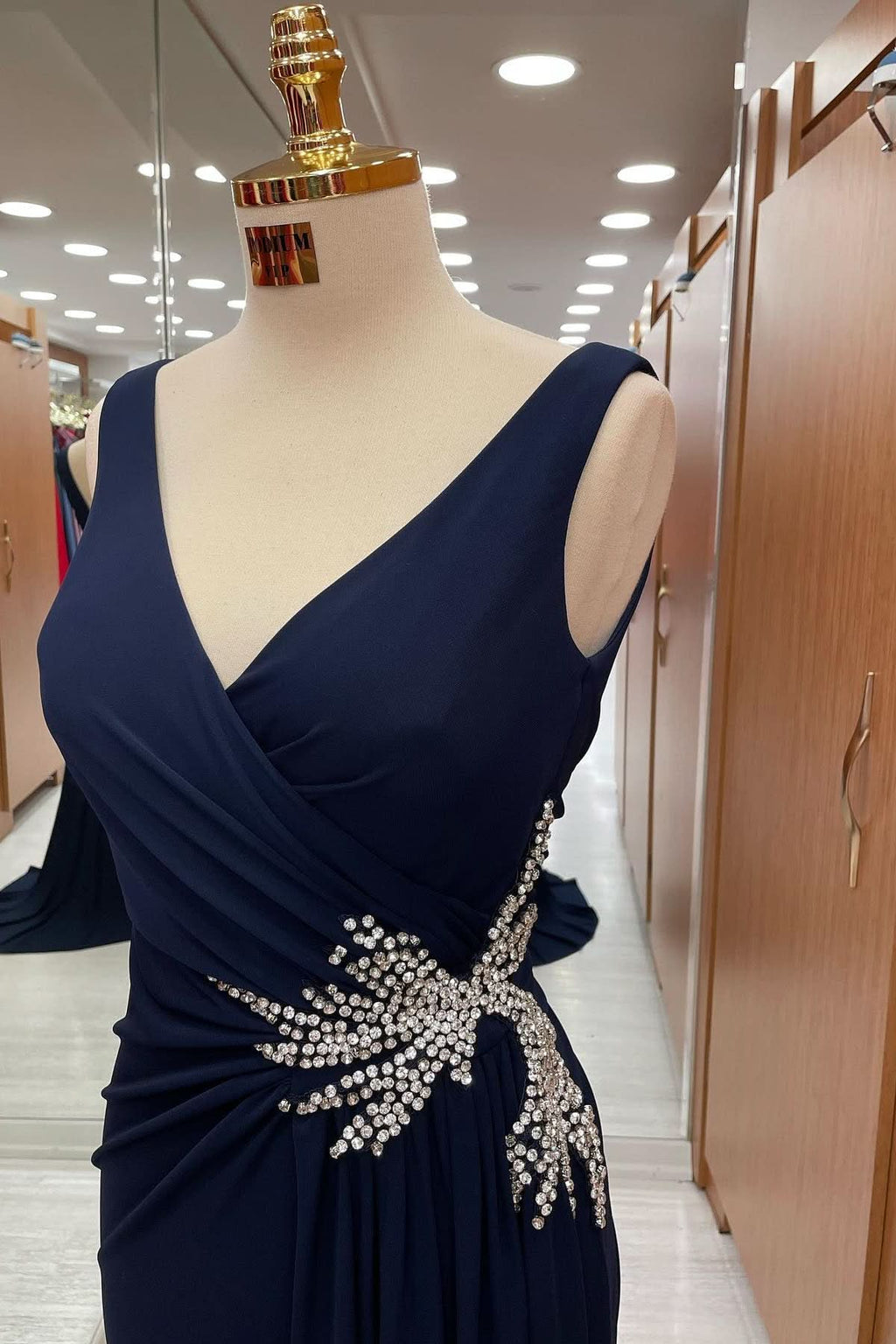 Gorgeous Dark Navy Strapped V-Neck Pleated Prom Dress with Rhinestones BM bride