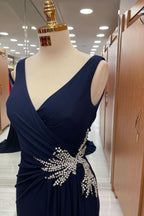 Gorgeous Dark Navy Strapped V-Neck Pleated Prom Dress with Rhinestones BM bride