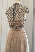 Champagne Jewel Neck Beading A Line Prom Dress Tulle Diamond Studded