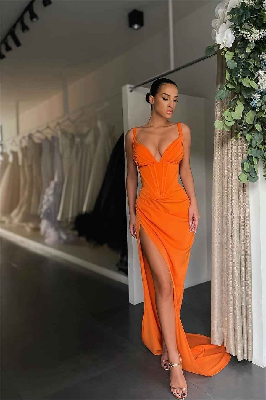 Simple Orange Satin Sleeveless Spaghetti Strap Long Prom Dress With Split