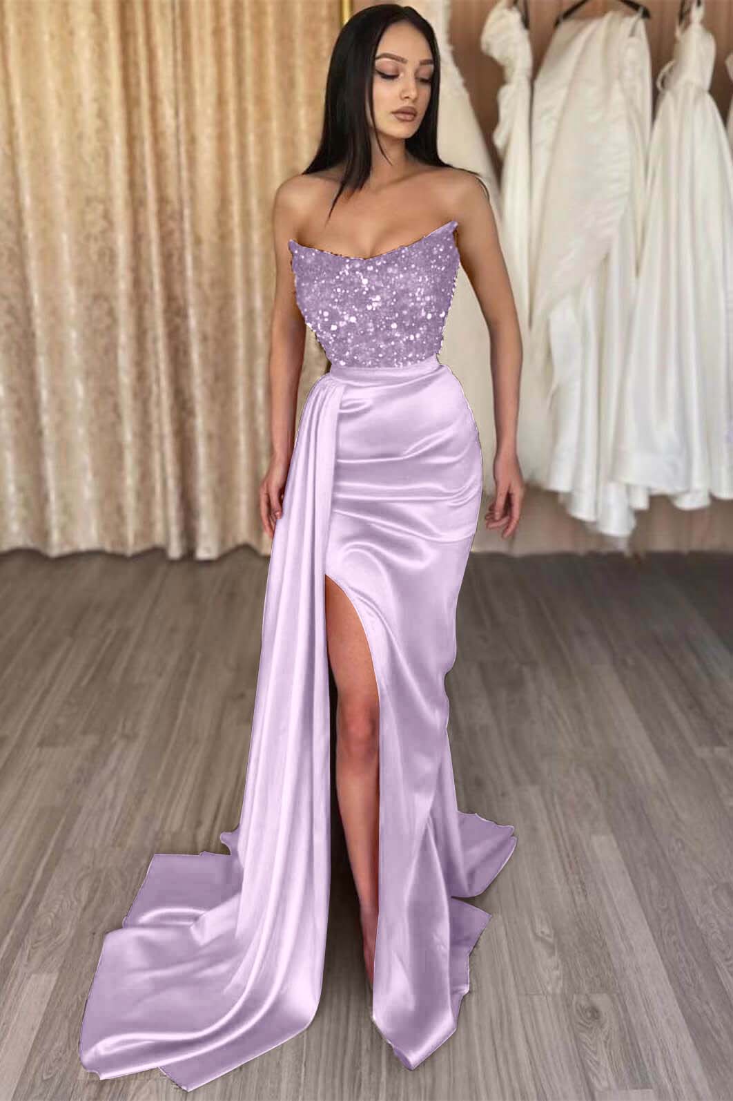 Red Strapless Elegant Sleeveless Long Sequins Prom Dress Mermaid Side Split BMBRIDE
