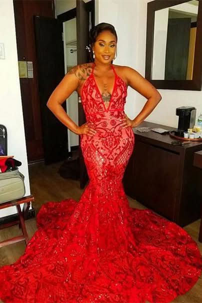 Red Halter Mermaid Prom Dress with Sequins and Lace BM bride