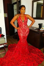 Red Halter Mermaid Prom Dress with Sequins and Lace BM bride
