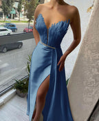 Baby Blue Off-The-Shoulder V-Neck Mermaid Prom Dress with Feathers BM bride