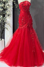 Strapless Sleeveless Long Mermaid Prom Dress With Tulle Appliques
