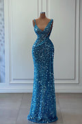 Blue Sleeveless Long Sequins Mermaid Prom Dress BM bride