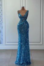 Blue Sleeveless Long Sequins Mermaid Prom Dress BM bride