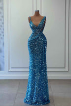 Stunning Blue Sleeveless Sequins V Neck Long Mermaid Prom Dress For Party