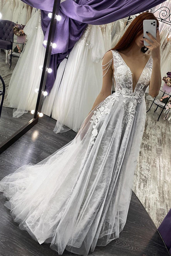 Strappy V-Neck A-Line Backless Wedding Dress with Pearl Appliques BM bride