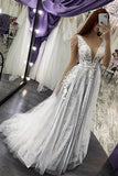 Strappy V-Neck A-Line Backless Wedding Dress with Pearl Appliques BM bride