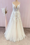 Stunning Spaghetti Strap A-Line Floor-Length Tulle Wedding Dress with Lace Appliques BM bride