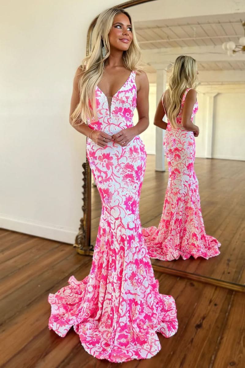 Dazzling Pink V Neck Sequin Lace Mermaid Prom Dress BM bride