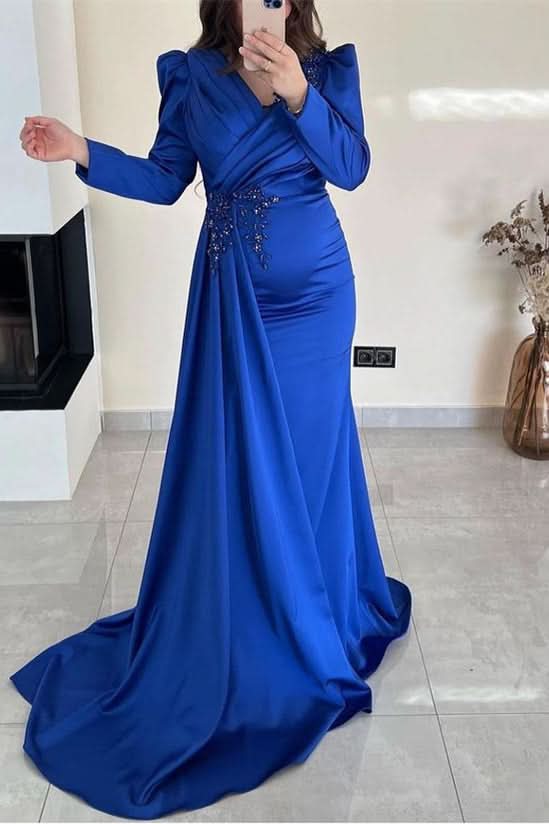 Long Sleeves Ruffle Mermaid Prom Dress with Beadings and Front Split BM bride