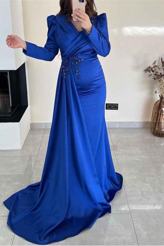 Ruffles Mermaid Beadings Long Sleeves Pleated Prom Dress With Front Split