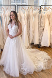 Beautiful Sleeveless A-line V-neck Wedding Dress With Lace Appliques Tulle BM bride