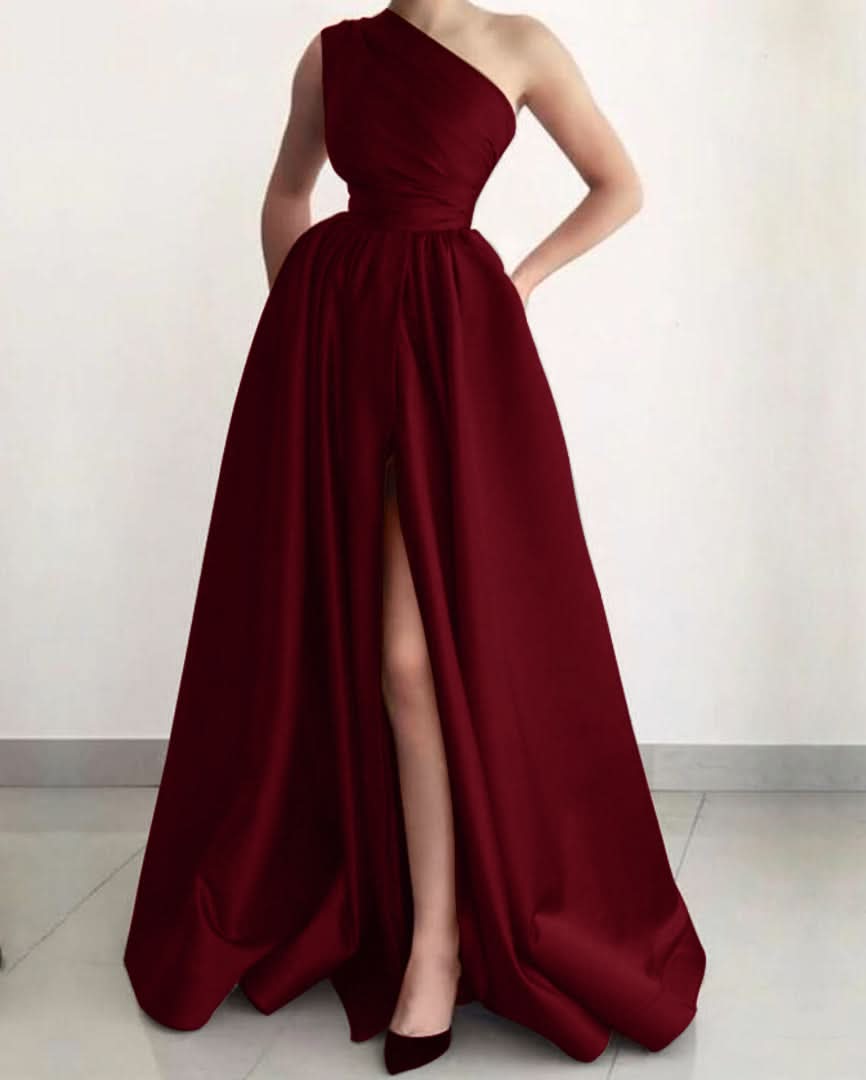 Burnt Orange One Shoulder Elegant Prom Dress A-Line Split with Pockets BM bride